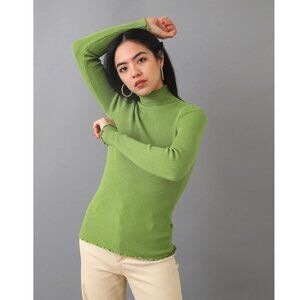 Stretchy Green Ribbed Lettuce Trim Sweater Top